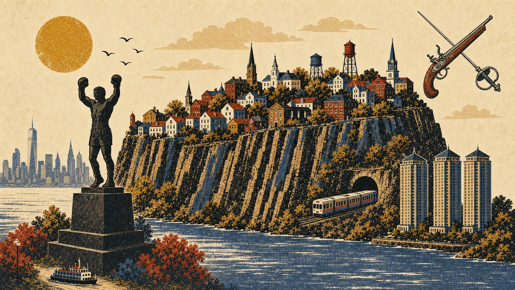 Illustration montage of the five towns on the Palisades: the Braddock statue, columnar cliffs, a light-rail train, and the Galaxy Towers