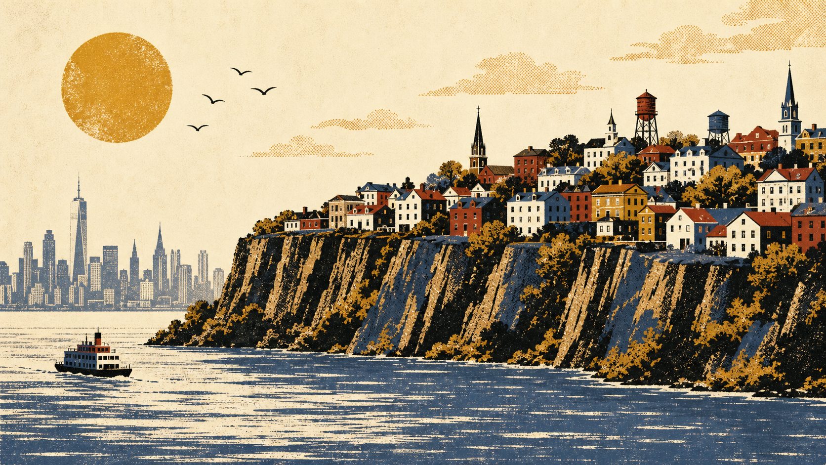 Illustration of North Bergen on the Palisades with the Manhattan skyline across the Hudson